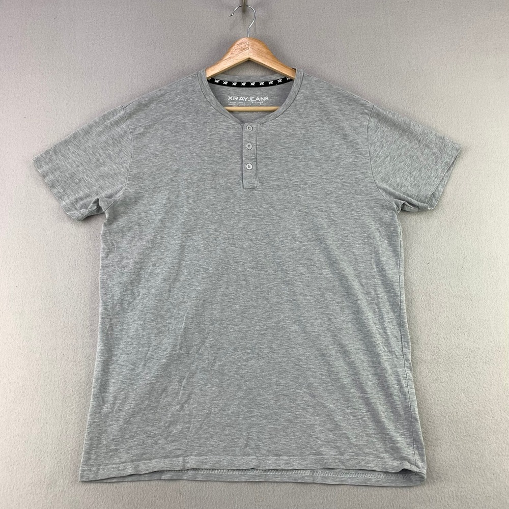 XRAY JEANS Henley Shirt Mens XL Gray Casual Short Sleeve Cotton Stretch Preppy